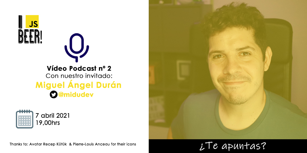 Video Podcast nº 2 - Estuvimos hablando con Miguel Ángel (@midudev). ¿Te perdiste la sesión? Vuelve a verla en nuestro canal y suscríbete. Thanks to Pierre - Louis Anceau for his icon.